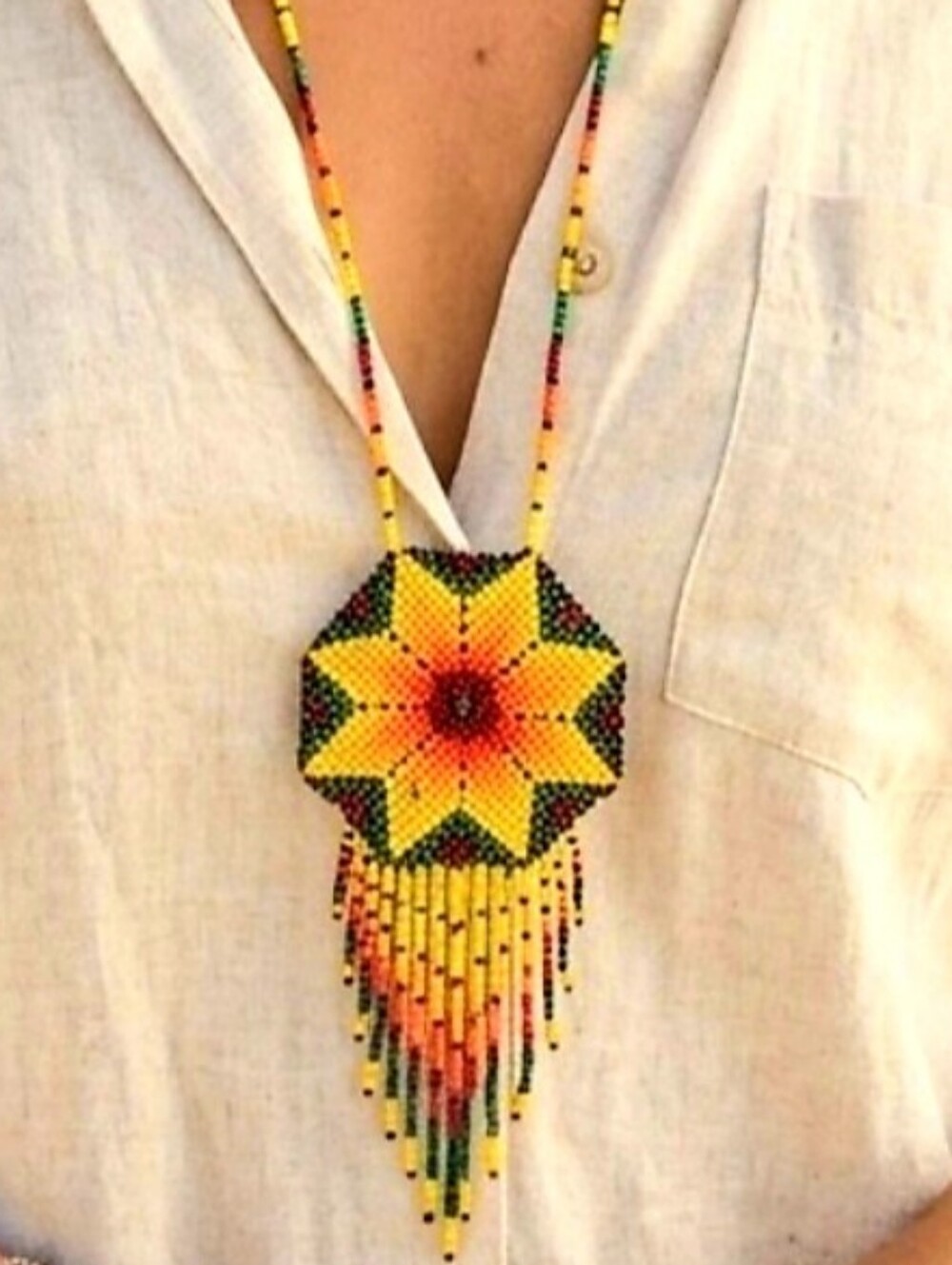 Huichol Peyote Fire Flower Yellow Orange Pendant New